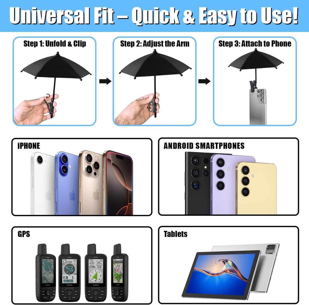 Phone Umbrella Sun Shade - Anti Glare Clip On Holder for Smartphones | Universal Fit for All Smartphones | Anti Glare Sun Shade | Protects from Sunlight & Glare | Great for Outdoor Activities