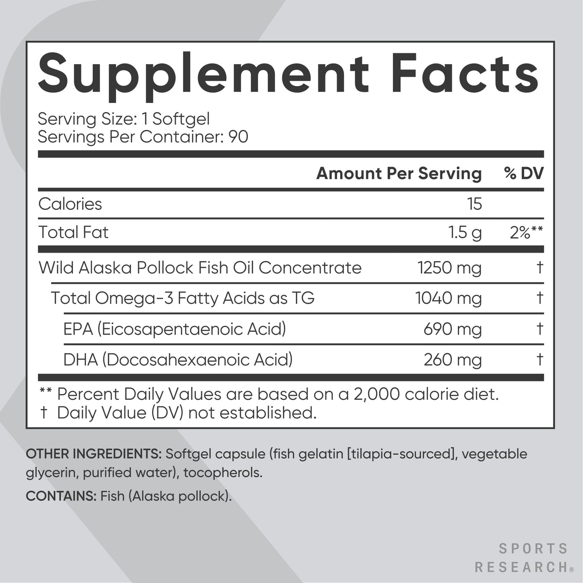 Sports Research® Omega-3 Fish Oil 1250mg from Wild Alaska Pollock,180 Count | Always Fresh Never Fishy | 690mg EPA 260mg DHA per Softgel · Heart & Brain Health* · MSC Certified Sustainable - 180 Servings
