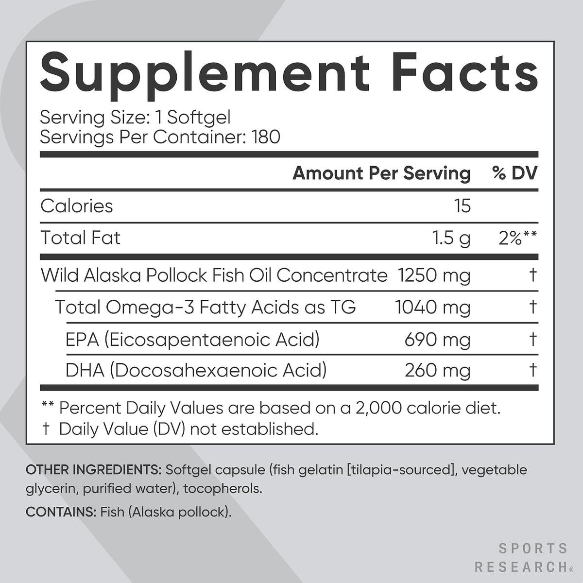 Sports Research® Omega-3 Fish Oil 1250mg from Wild Alaska Pollock,180 Count | Always Fresh Never Fishy | 690mg EPA 260mg DHA per Softgel · Heart & Brain Health* · MSC Certified Sustainable - 180 Servings