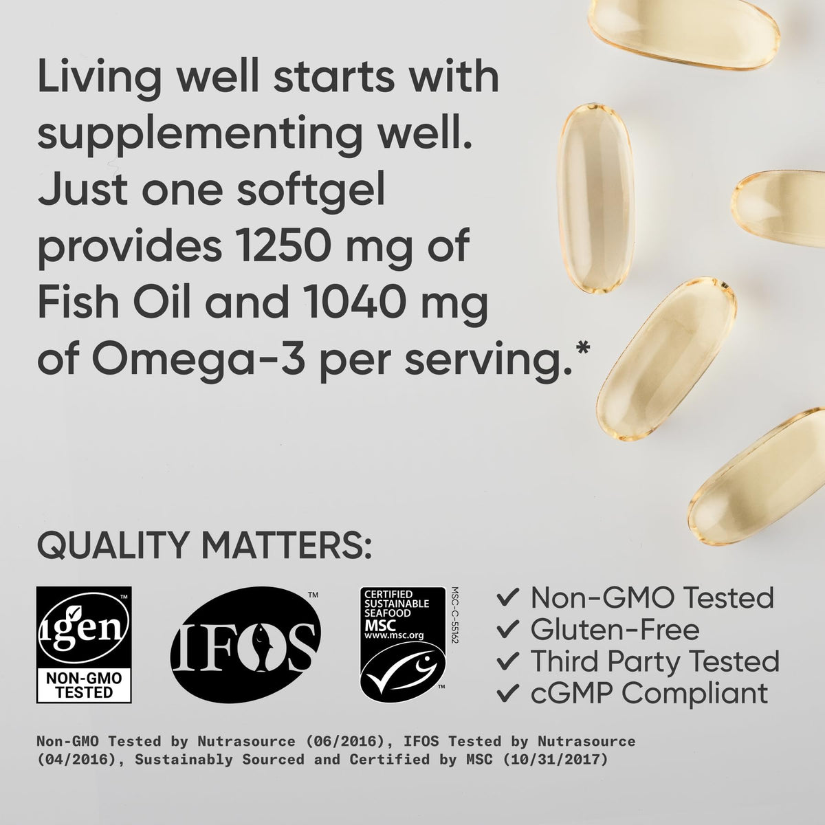 Sports Research® Omega-3 Fish Oil 1250mg from Wild Alaska Pollock,180 Count | Always Fresh Never Fishy | 690mg EPA 260mg DHA per Softgel · Heart & Brain Health* · MSC Certified Sustainable - 180 Servings