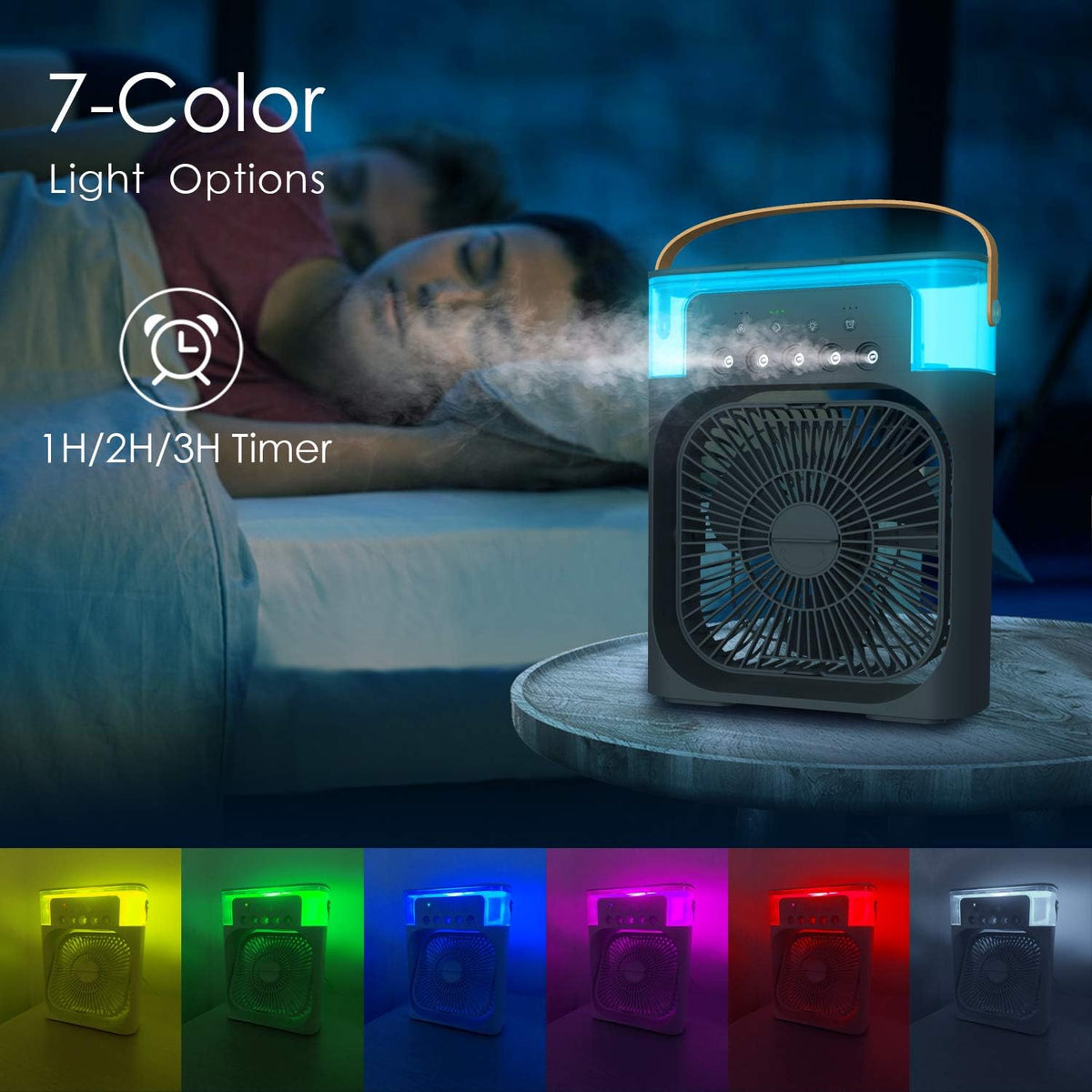 NTMY Personal Air Cooler, Portable Air Conditioner Fan, Mini Evaporative Cooler with 7 Colors LED Light, 1/2/3 H Timer, 3 Wind Speeds and 3 Spray Modes for Your Desk, Nightstand, or Coffee Table