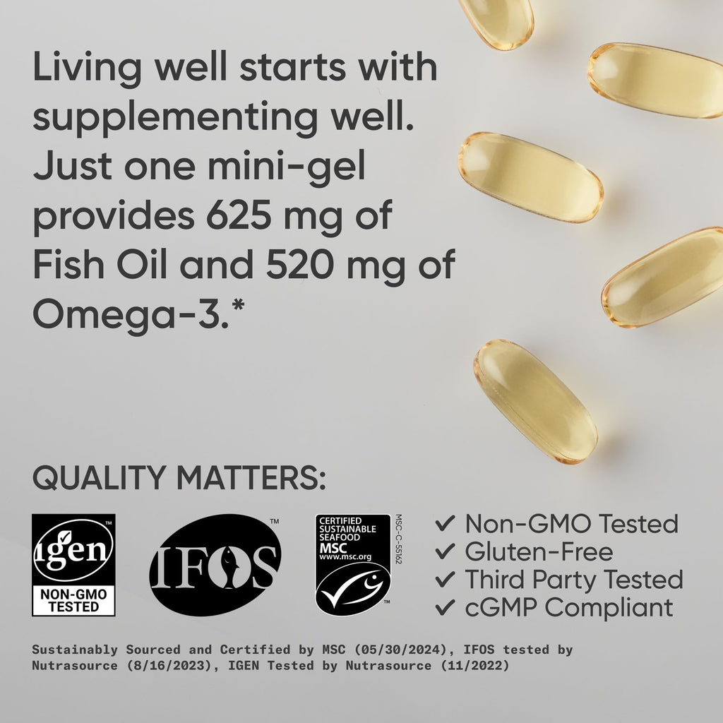 Sports Research® Omega-3 Fish Oil 1250mg from Wild Alaska Pollock,180 Count | Always Fresh Never Fishy | 690mg EPA 260mg DHA per Softgel · Heart & Brain Health* · MSC Certified Sustainable - 180 Servings