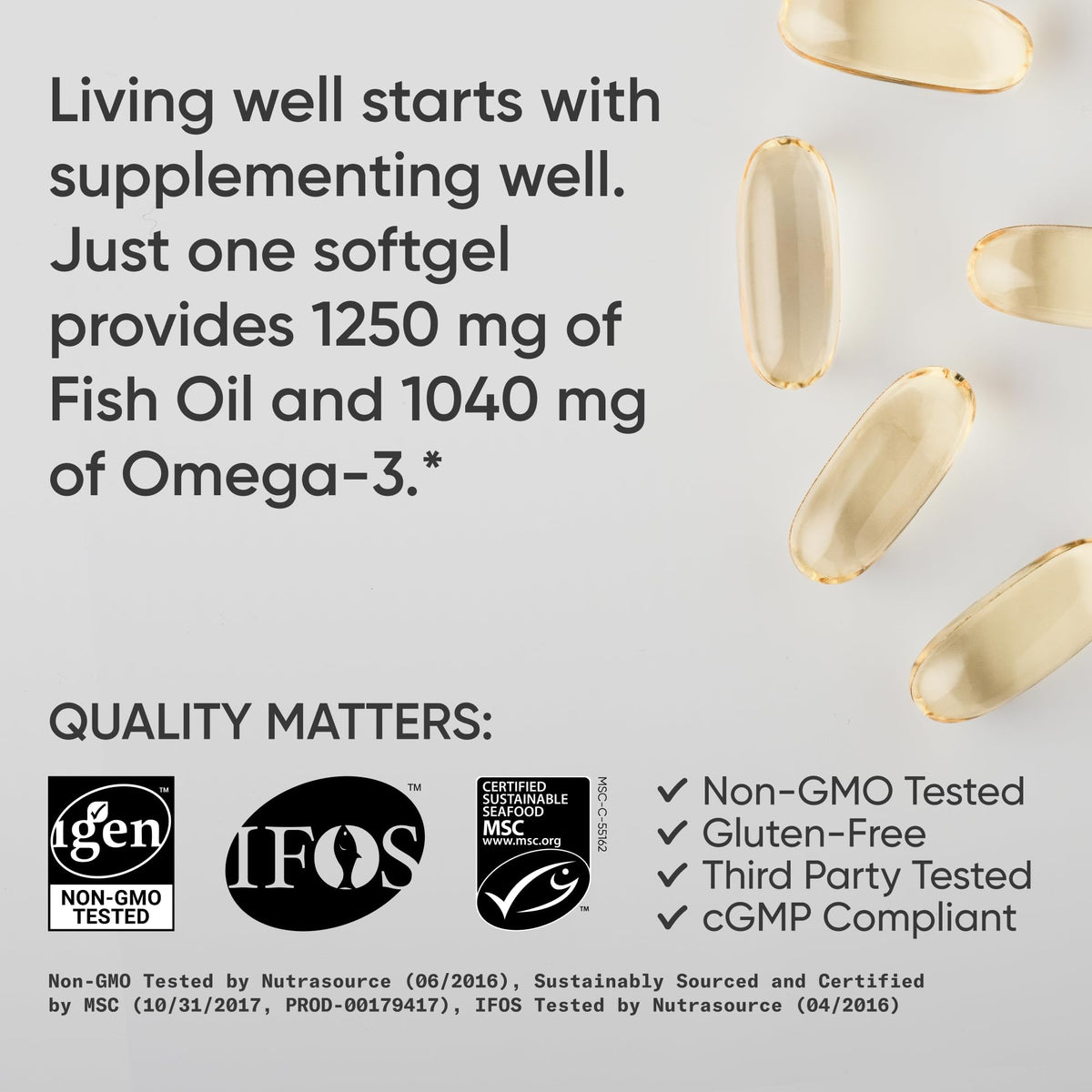 Sports Research® Omega-3 Fish Oil 1250mg from Wild Alaska Pollock,180 Count | Always Fresh Never Fishy | 690mg EPA 260mg DHA per Softgel · Heart & Brain Health* · MSC Certified Sustainable - 180 Servings