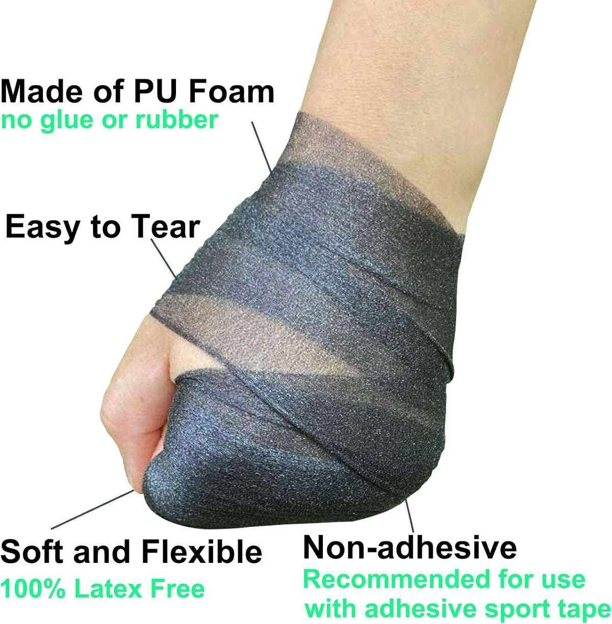 ADMITRY Pre Wrap Tape Athletic,3 Rolls X 22 Yards Black Prewrap | Headbands for Hair,Foam Underwrap Sports Wrap