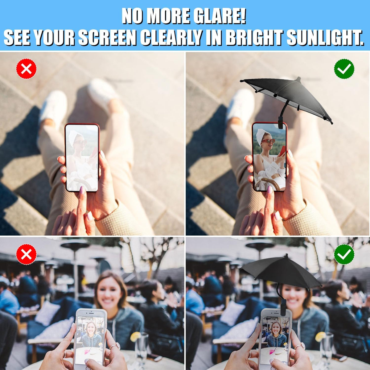Phone Umbrella Sun Shade - Anti Glare Clip On Holder for Smartphones | Universal Fit for All Smartphones | Anti Glare Sun Shade | Protects from Sunlight & Glare | Great for Outdoor Activities