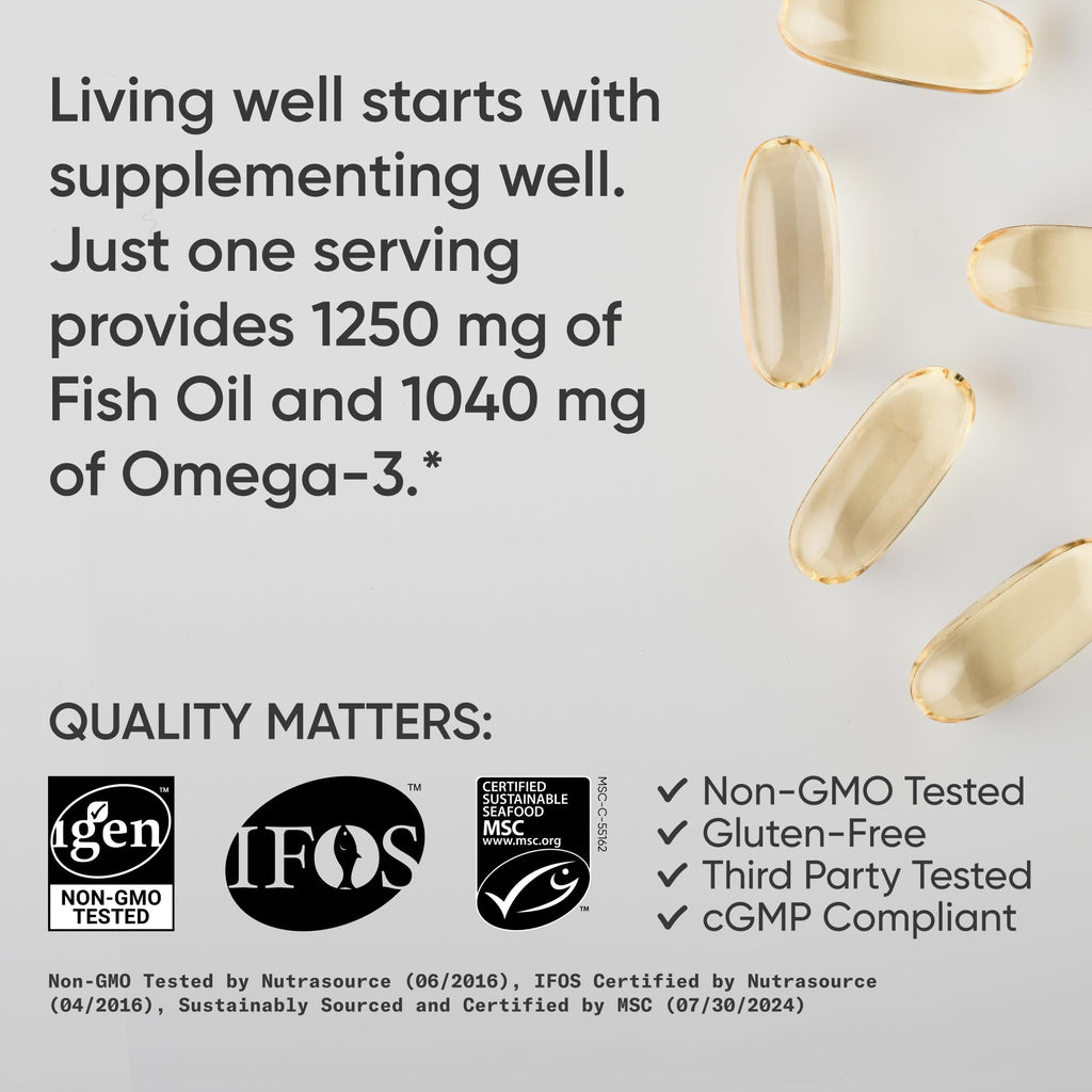 Sports Research® Omega-3 Fish Oil 1250mg from Wild Alaska Pollock,180 Count | Always Fresh Never Fishy | 690mg EPA 260mg DHA per Softgel · Heart & Brain Health* · MSC Certified Sustainable - 180 Servings