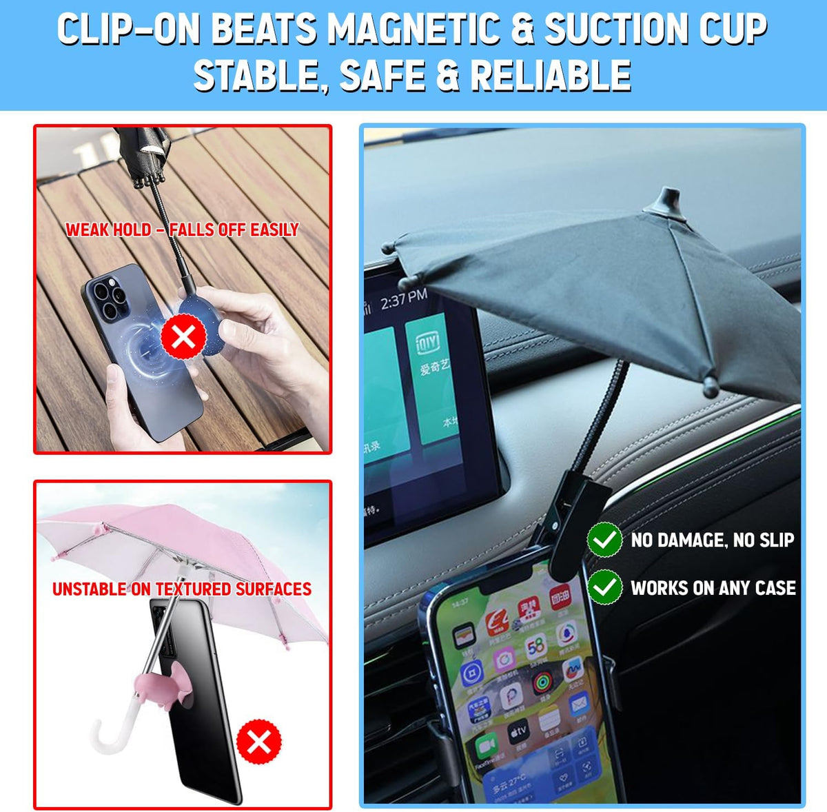 Phone Umbrella Sun Shade - Anti Glare Clip On Holder for Smartphones | Universal Fit for All Smartphones | Anti Glare Sun Shade | Protects from Sunlight & Glare | Great for Outdoor Activities