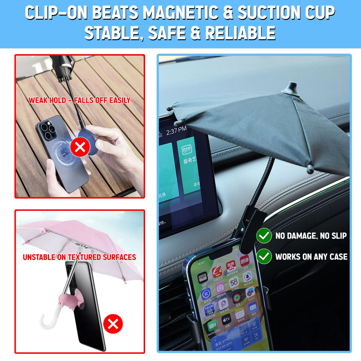 Phone Umbrella Sun Shade - Anti Glare Clip On Holder for Smartphones | Universal Fit for All Smartphones | Anti Glare Sun Shade | Protects from Sunlight & Glare | Great for Outdoor Activities