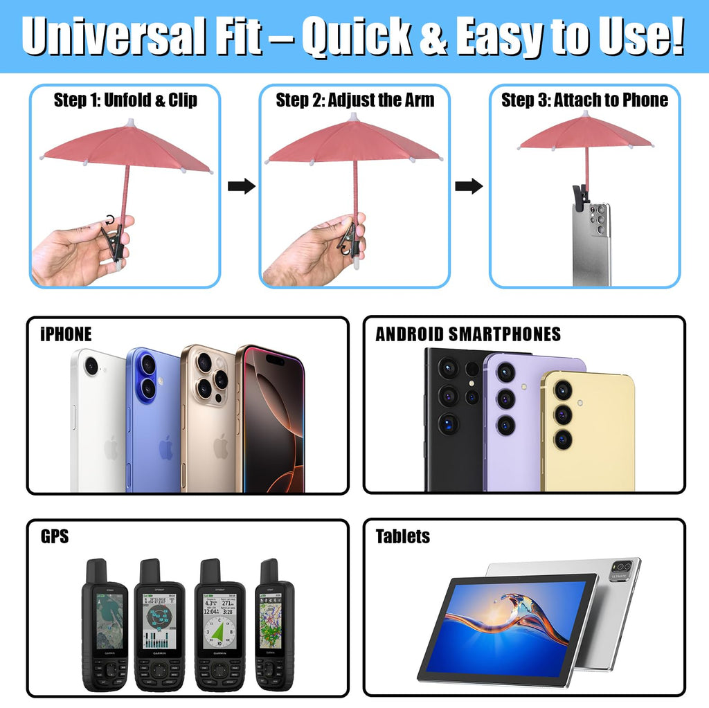 Phone Umbrella Sun Shade - Anti Glare Clip On Holder for Smartphones | Universal Fit for All Smartphones | Anti Glare Sun Shade | Protects from Sunlight & Glare | Great for Outdoor Activities