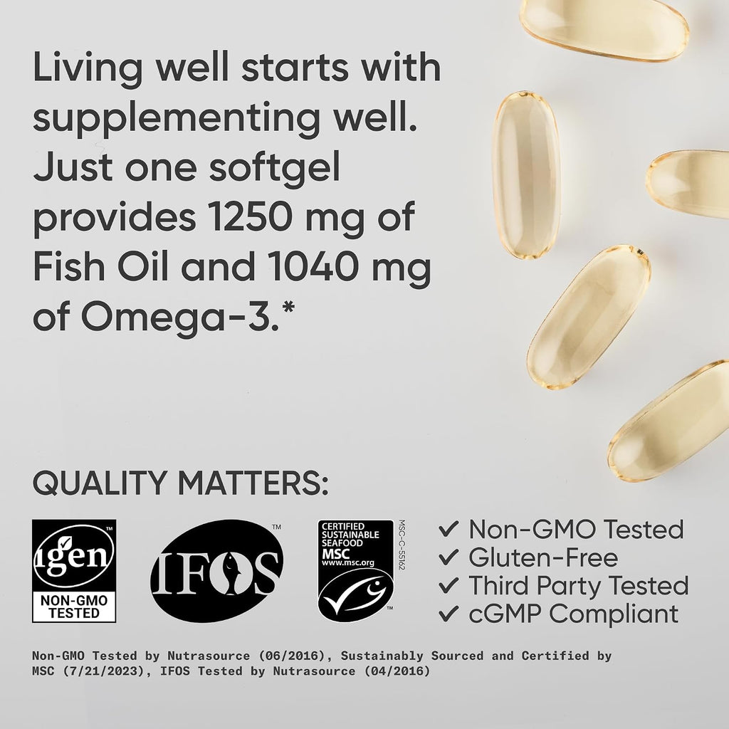 Sports Research® Omega-3 Fish Oil 1250mg from Wild Alaska Pollock,180 Count | Always Fresh Never Fishy | 690mg EPA 260mg DHA per Softgel · Heart & Brain Health* · MSC Certified Sustainable - 180 Servings