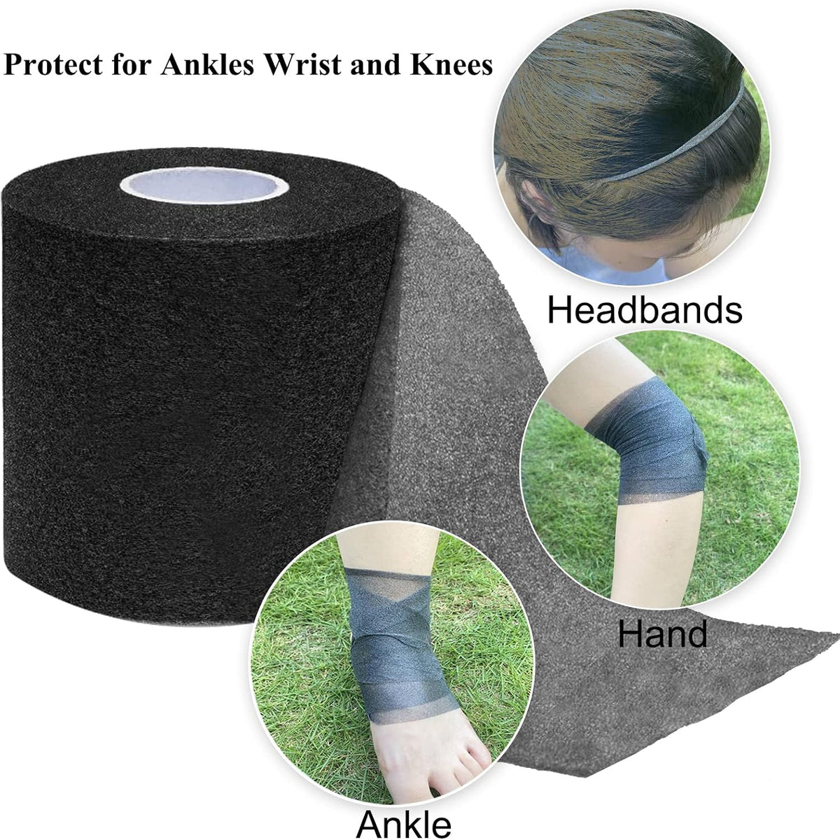 ADMITRY Pre Wrap Tape Athletic,3 Rolls X 22 Yards Black Prewrap | Headbands for Hair,Foam Underwrap Sports Wrap