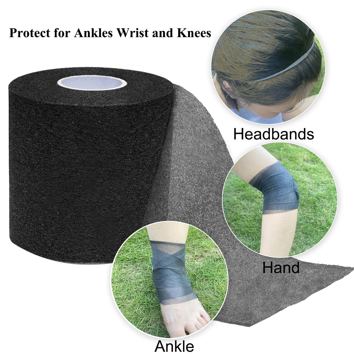 ADMITRY Pre Wrap Tape Athletic,3 Rolls X 22 Yards Black Prewrap | Headbands for Hair,Foam Underwrap Sports Wrap