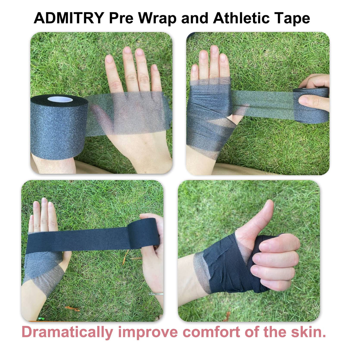 ADMITRY Pre Wrap Tape Athletic,3 Rolls X 22 Yards Black Prewrap | Headbands for Hair,Foam Underwrap Sports Wrap